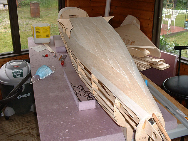 Bottom half of the fuse rear of the wings covered in 1/8 inch sheeting.